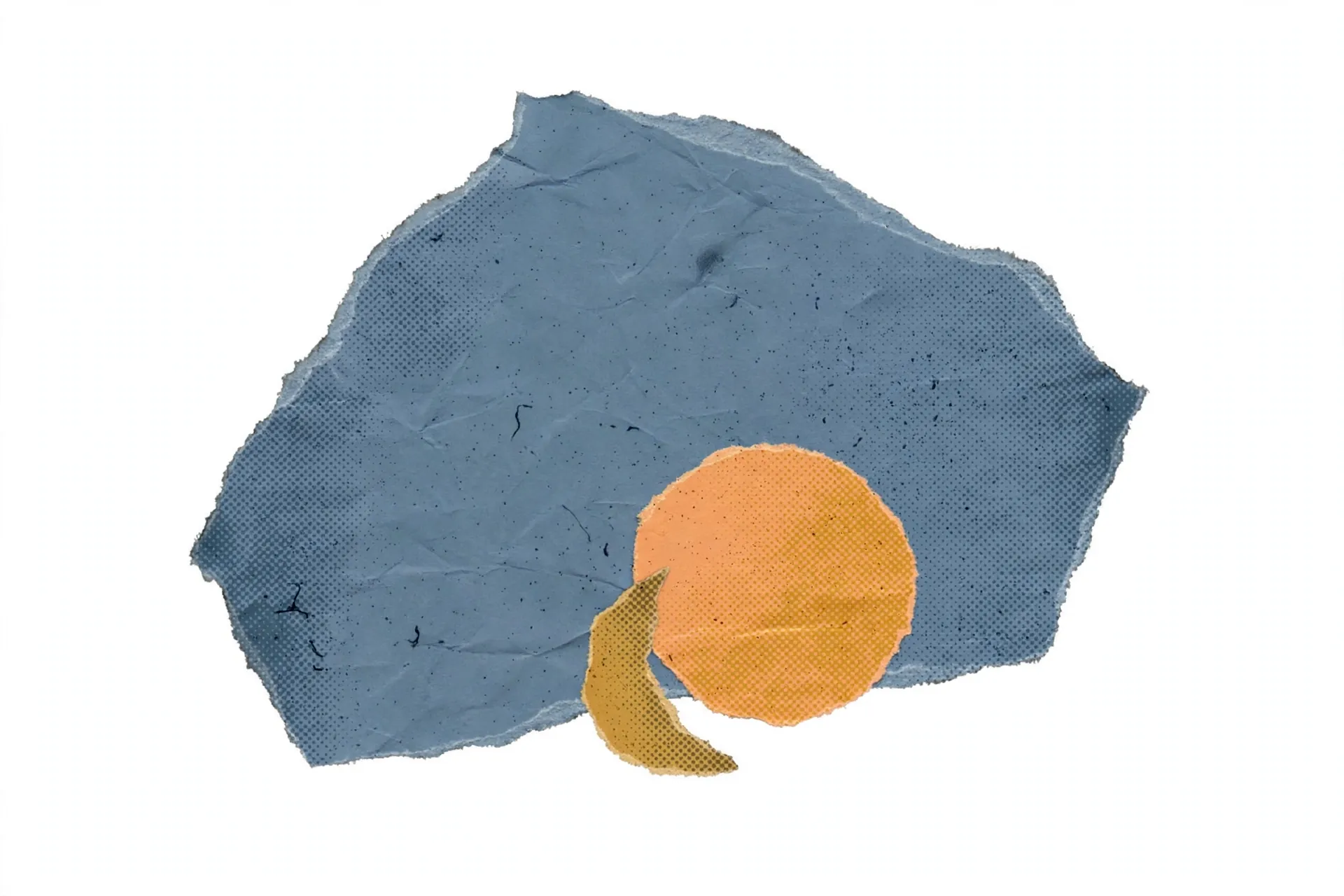 abstract torn-paper collage: a muted slate-blue paper shape with an orange disc and ochre crescent